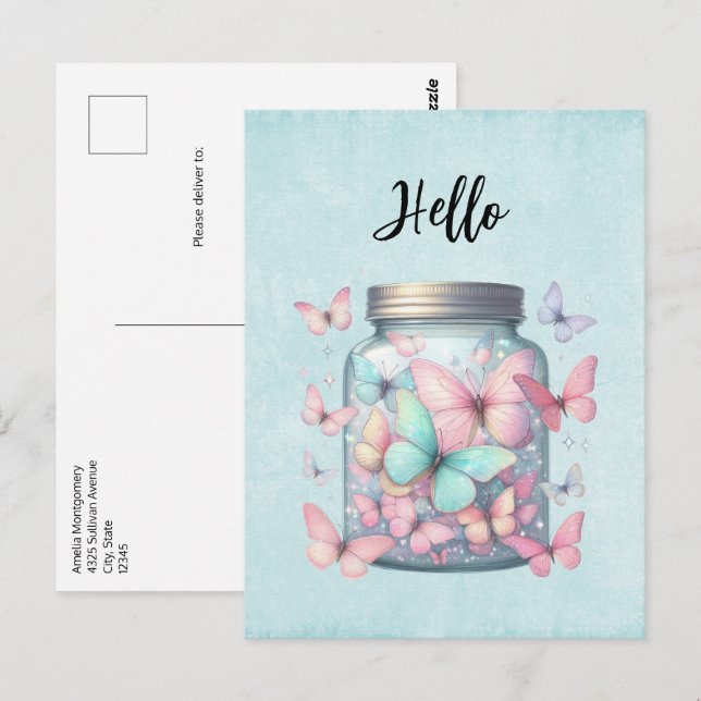 Carte Postale Papillons Capricieux dans un Pot de Bonjour (Devant / Derrière)