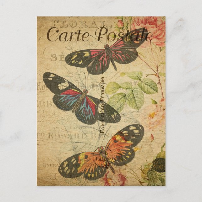 Carte Postale Papillons colorés vintage Fleurs Floral Français (Devant)