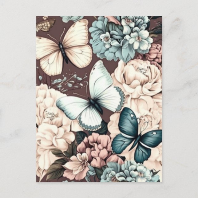 Carte Postale Papillons et fleurs brunes (Devant)