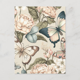 Carte Postale Papillons et fleurs pastel