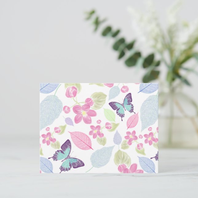 Carte Postale Papillons feuille rose pastel (Debout devant)