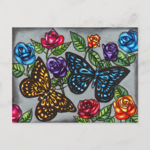 Carte Postale Papillons fleurs roses dessin d'art original