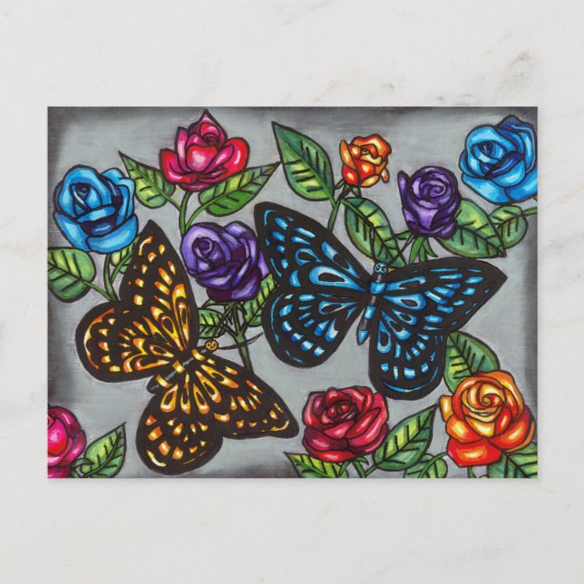 Carte Postale Papillons fleurs roses dessin d'art original (Devant)