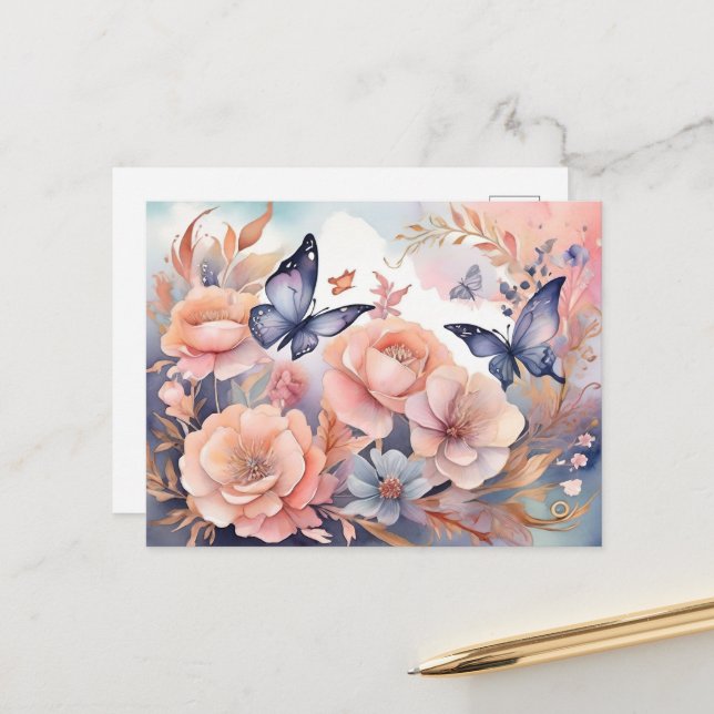 Carte Postale Papillons floraux Whimsical Jouer Conception (Devant/Arrière en situation)