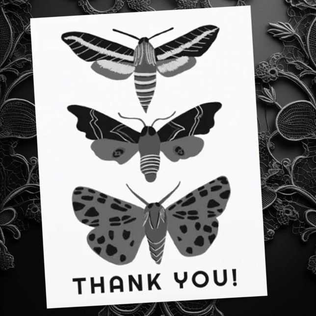 Carte Postale Papillons Mystiques Magiques Noirs et Blanc MERCI (Gothic dark moths make a moody thank you card. customize with your own text)