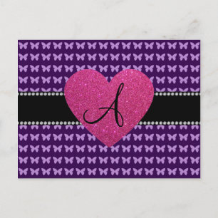 Carte Postale Papillons violets du coeur rose monogramme