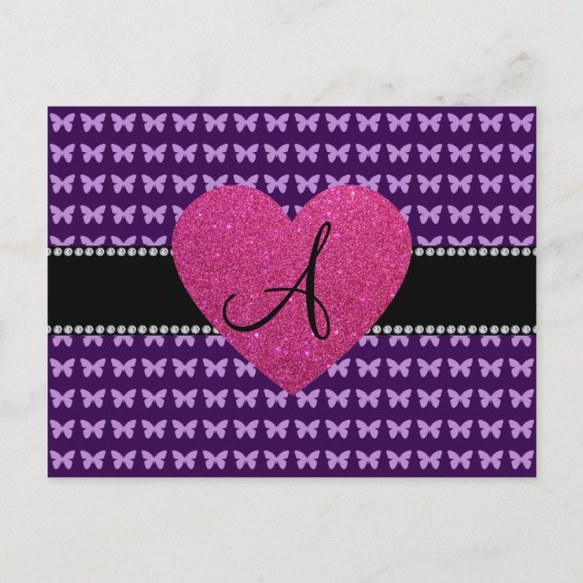 Carte Postale Papillons violets du coeur rose monogramme (Devant)