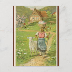 Carte Postale Pâques au mouton et au lapin vintage avec panier d