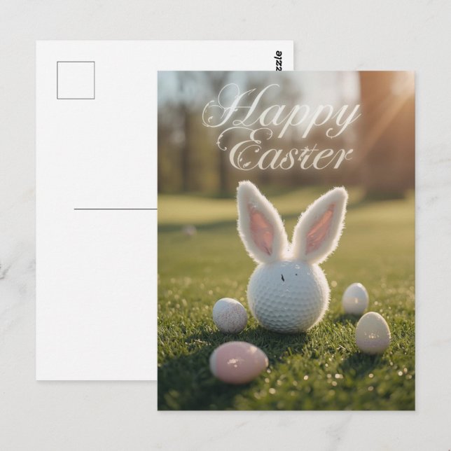 Carte Postale Pâques de golf avec balle de golf sur gazon vert (Devant / Derrière)