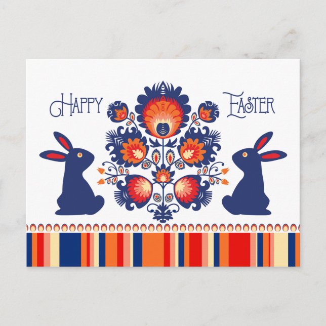 Carte Postale Pâques Folklore avec 2 lapins bleus 🐰 Texte perso (Devant)