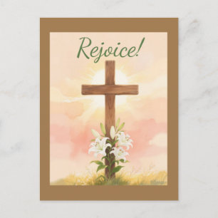 Carte Postale Paques Réjouis-Toi Croix et Lys Chrétien