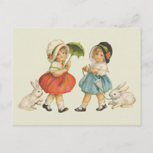 Carte Postale Pâques vintage Enfants Lapins Bonnets Antique