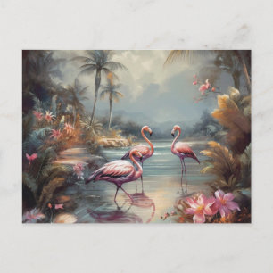 Carte Postale Paradis botanique artistique flamant rose vintage
