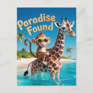 Carte Postale Paradis Retrouvé, Singe Chevauchant une Girafe dan
