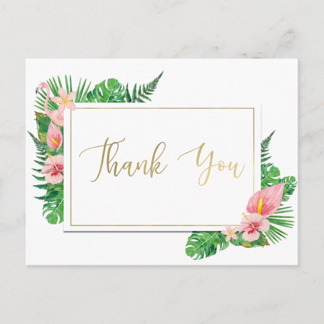 Carte Postale Paradis Tropical Flamingo Feuilles Or Merci (Devant)