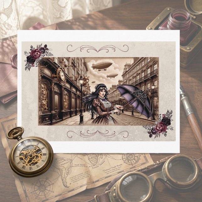 Carte postale parapluie dirigeable Steampunk victo (Vintage Victorian Woman with Umbrella Postcard)