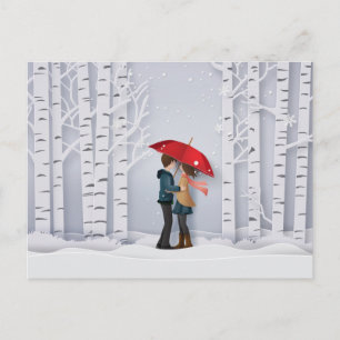 Carte Postale Parapluie rouge dans le couple de neige