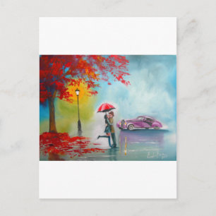 CARTE POSTALE PARAPLUIE ROUGE DE COUPLE ROMANTIQUE JOUR DE PLUIE