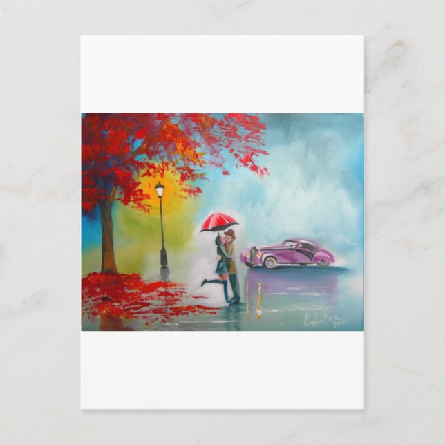 CARTE POSTALE PARAPLUIE ROUGE DE COUPLE ROMANTIQUE JOUR DE PLUIE (Devant)