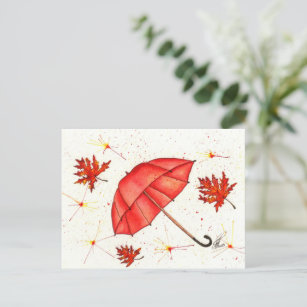 Carte Postale Parapluie rouge vif et aquarelle feuille rouge