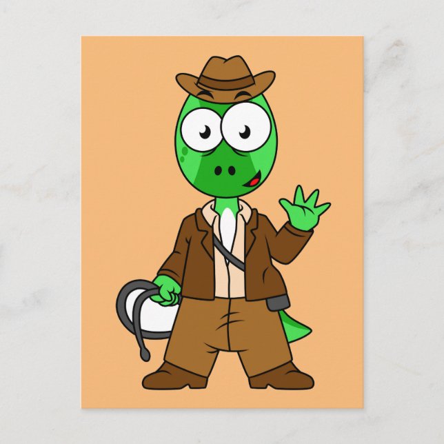 Carte Postale Parasaurolophus déguisé en Indiana Jones. (Devant)