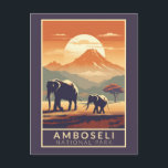 Carte Postale Parc national d'Amboseli Art de voyage Vintage<br><div class="desc">Conception d'art vectoriel d'Amboseli. Il est connu pour ses grands troupeaux d'éléphants et ses vues sur l'immense mont Kilimandjaro,  de l'autre côté de la frontière en Tanzanie.</div>