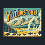 Carte Postale Parc national de Yellowstone<br><div class="desc">Voici la carte postale de voyage vintage du parc national Yellowstone avec ses montagnes stylisées,  ses geysers à vapeur et un troupeau de bisons qui broutent au premier plan. 🌄 🦬 🌲 La typographie audacieuse des années 1950 dit "Explorez Yellowstone !",  lui donnant une ambiance nostalgique d'inspiration nature</div>