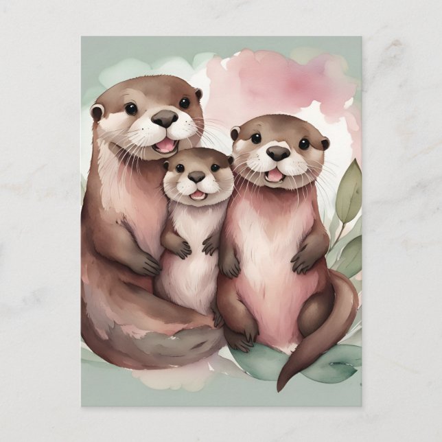 Carte Postale Parents de loutre et enfant  (Devant)