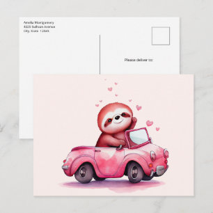 Carte Postale Paresseux mignon conduisant une décapotable rose