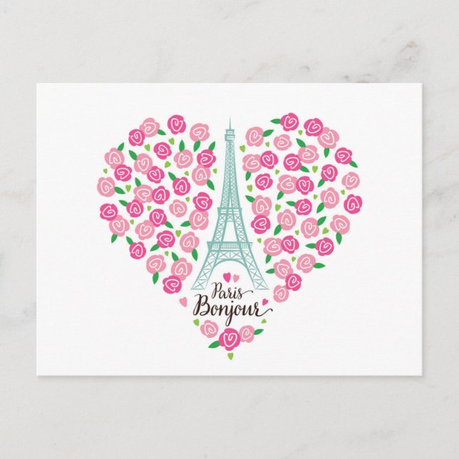 Carte Postale Paris Bonjour | Coeur floral (Devant)