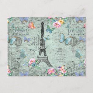Carte Postale Paris-Eiffel Tour-Fleur-Floral-Vintage-Rose