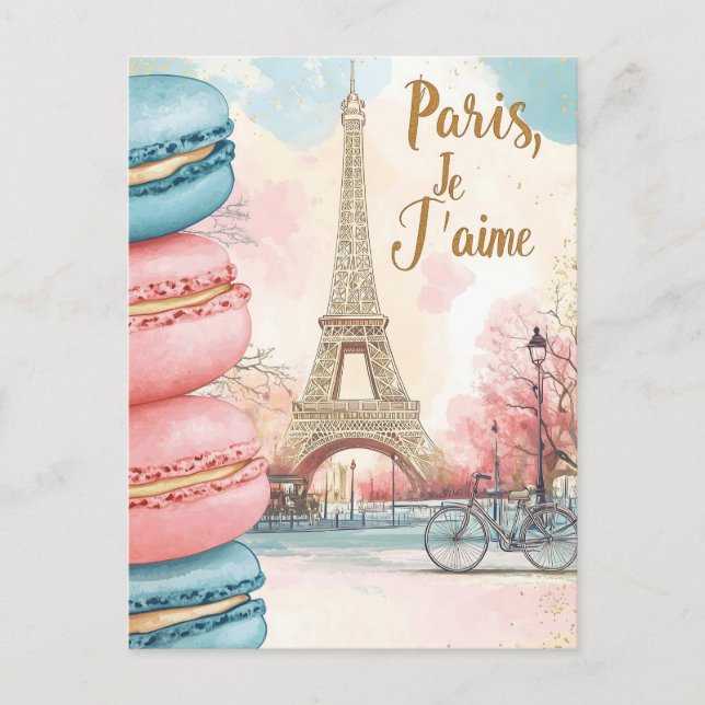 Carte Postale Paris, Je T'aime - Tour Eiffel avec Macarons (Devant)