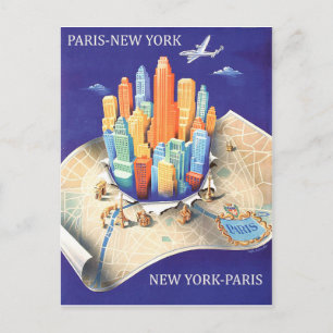 Carte Postale Paris New York, compagnie aérienne vintage