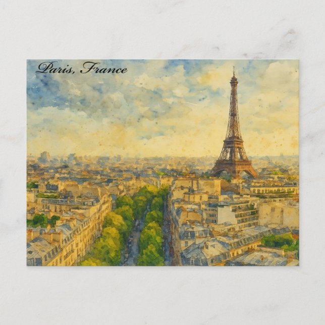 Carte Postale Paris Skyline en Aquarelle - Tour Eiffel (Devant)