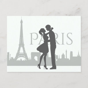 Carte Postale Paris Skyline Tour Eiffel Couple Amour Gris, Blanc