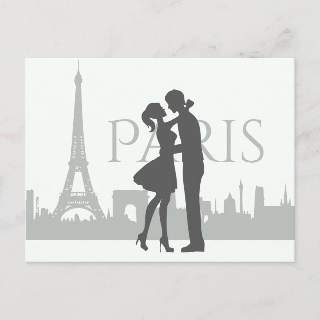 Carte Postale Paris Skyline Tour Eiffel Couple Amour Gris, Blanc (Devant)