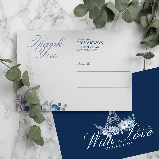 Carte Postale Paris Tour Eiffel Aquarelle Floral Mariage Bleu Ma (Créateur téléchargé)