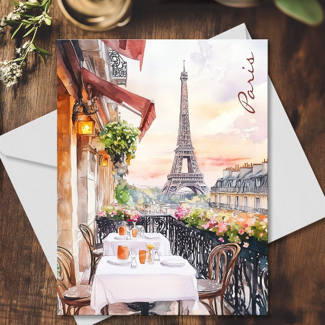 Carte Postale Paris Tour Eiffel Balcon Aquarelle Art Voyage (Paris Eiffel Tower Balcony Watercolor Art Travel Postcard)