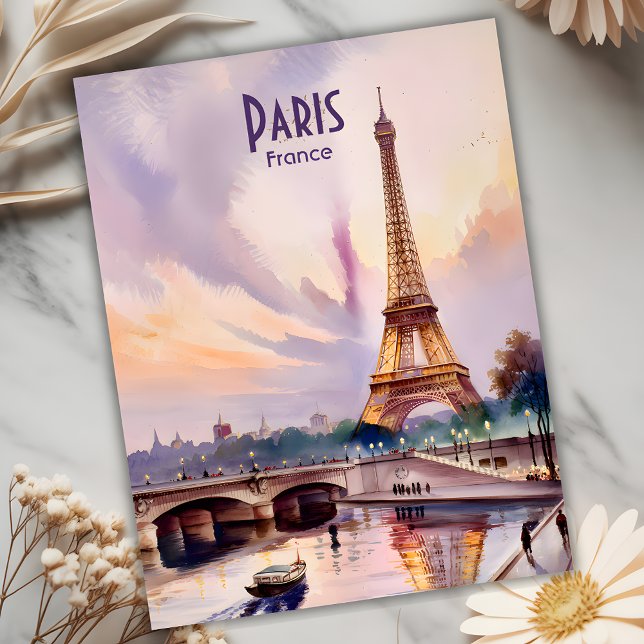 Carte Postale Paris Tour Eiffel France Coucher de soleil Voyage (Paris Eiffel Tower France Sunset Watercolor Travel Postcard. Personalized Text available.)