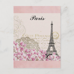 Carte Postale Paris Tour Eiffel France Fleurs roses Vintages
