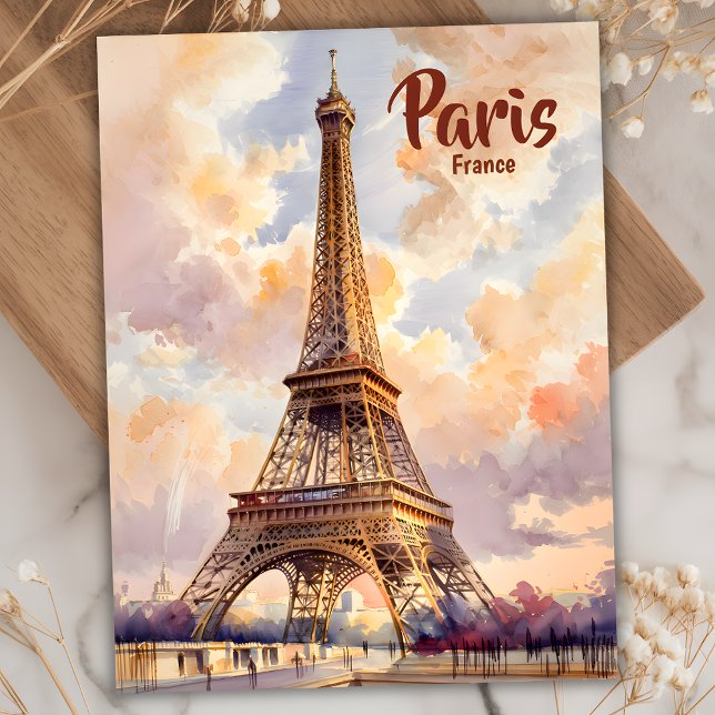 Carte Postale Paris Tour Eiffel Pastel Coucher de soleil Voyage  (Paris Eiffel Tower Pastel Sunset Watercolor )