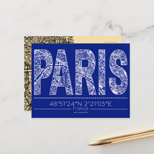 Carte Postale Paris Typography Map Postcard Modern Travel Design (Devant/Arrière en situation)