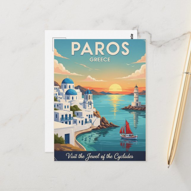 Carte Postale Paros Grèce Travel Art Vintage (Devant/Arrière en situation)