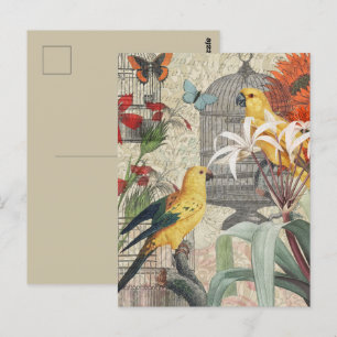 Carte Postale Parrot Jaune Tropical Antique Fleur