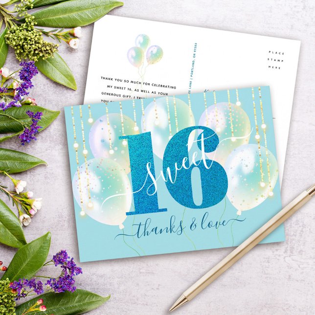 Carte Postale Parties scintillant Bleue Douce 16 Balloon d'anniv (Créateur téléchargé)