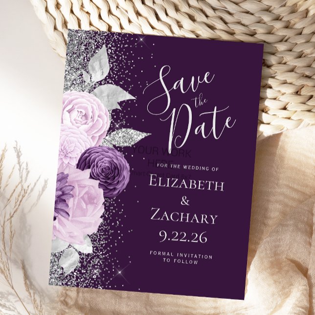 Carte Postale Parties scintillant d'argent florale violet profon (Créateur téléchargé)