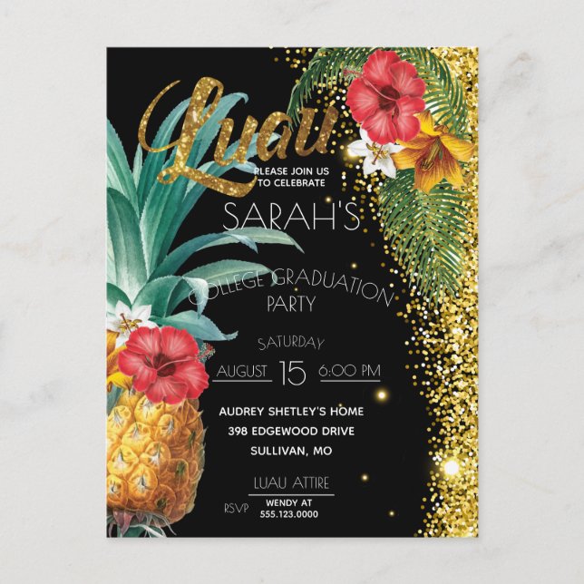 Carte Postale Parties scintillant d'or Fleurs tropicales Partie  (Devant)