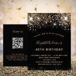 Carte Postale Parties scintillant d'or noir anniversaire QR invi<br><div class="desc">Une invitation moderne, élégante et glamour pour une fête d'anniversaire de 40ème (ou tout âge). Un arrière - plan noir décoré de fausse parties scintillant et brillant. Le nom est écrit avec un script de style à la main de couleur dorée moderne. Personnalisez et ajoutez les détails de votre fête....</div>
