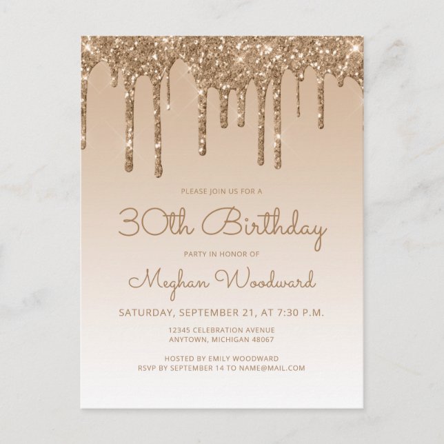 Carte Postale Parties scintillant Drips Gold 30th Birthday Party (Devant)