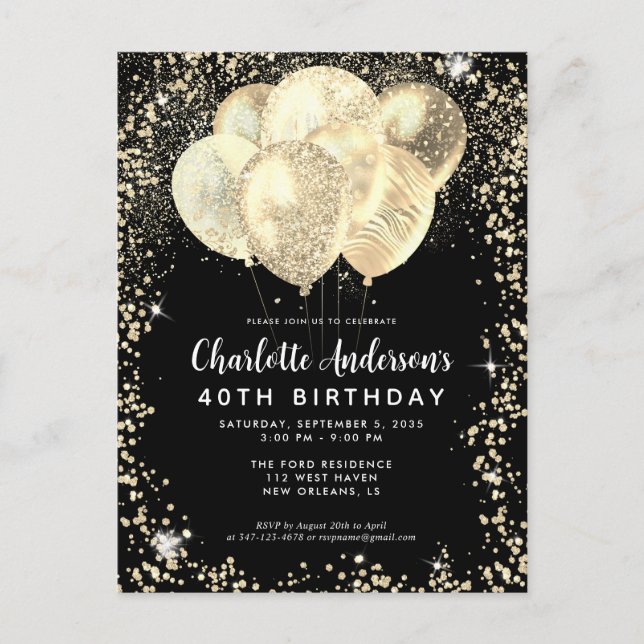 Carte Postale Parties scintillant moderne Black Gold Glam Balloo (Devant)